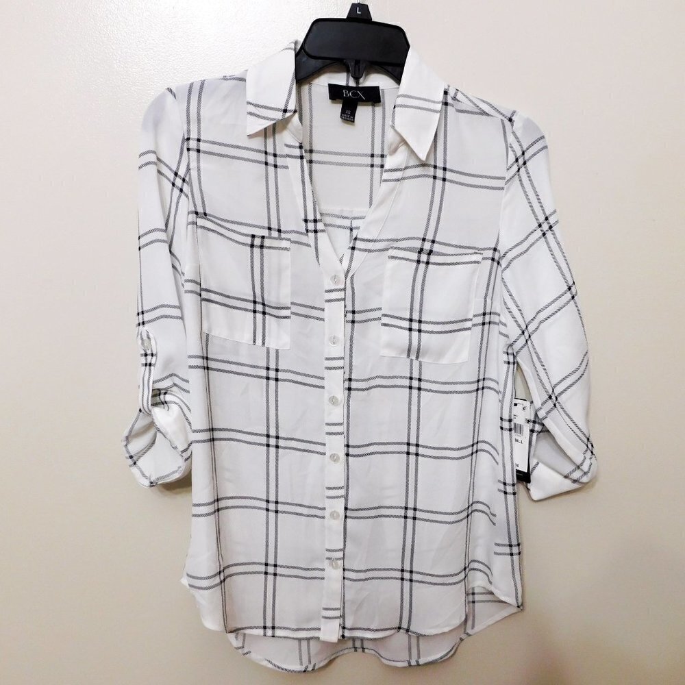 𝅺JR212 Bcx White Large Plaid Juniors' Tab-Sleeve Button Front Top Size XS
